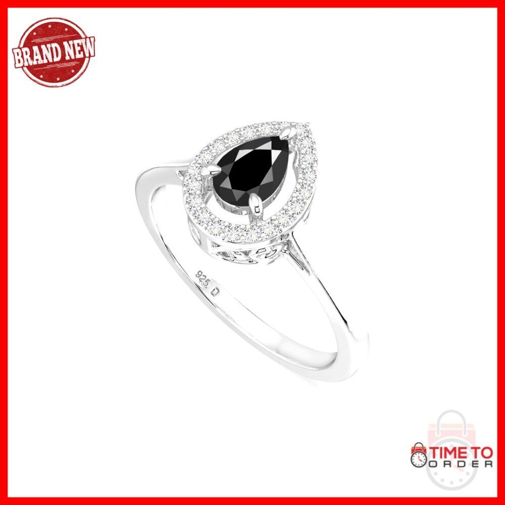 Sterling Silver Black Onyx Halo Ring Size 8, Birthstone Jewelry Gift
